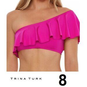 Trina Turk Monaco Ruffle Bandeau One Shoulder Swim Bikini Top Hot Pink Size 8